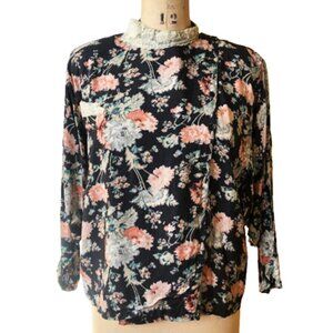 Vintage French Rene Derhy dark florals and lace tunic top shirt